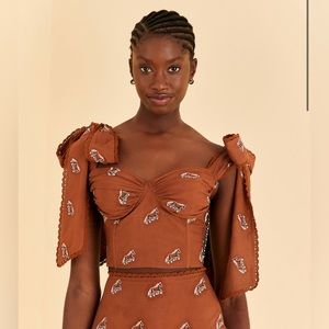 FARM Rio Brown and Cream Puff Sleeve Crop Top